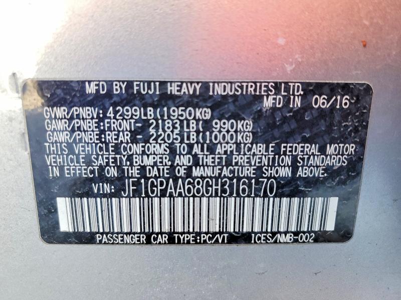 2016 Subaru Impreza მანქანა იყიდება აუქციონზე, vin: JF1GPAA68GH316170, აუქციონის ნომერი: 51991086
