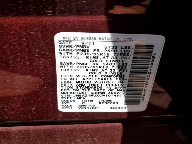Продаж на аукціоні авто 2012 Nissan Murano, vin: JN8AZ1MUXCW101467, номер лоту: 54550906