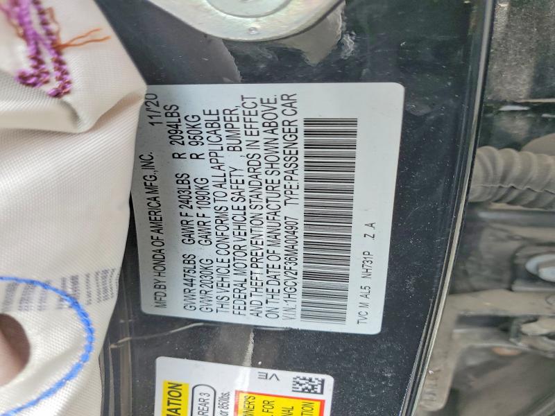 Aukcja sprzedaży 2021 Honda Accord, vin: 1HGCV2F36MA004907, numer aukcji: 53394766