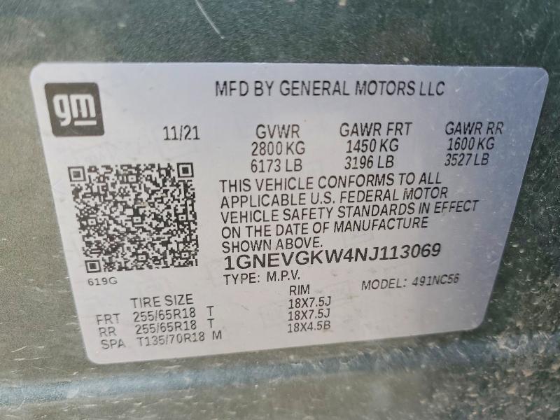 52771356 :رقم المزاد ، 1GNEVGKW4NJ113069 vin ، 2022 Chevrolet Traverse مزاد بيع