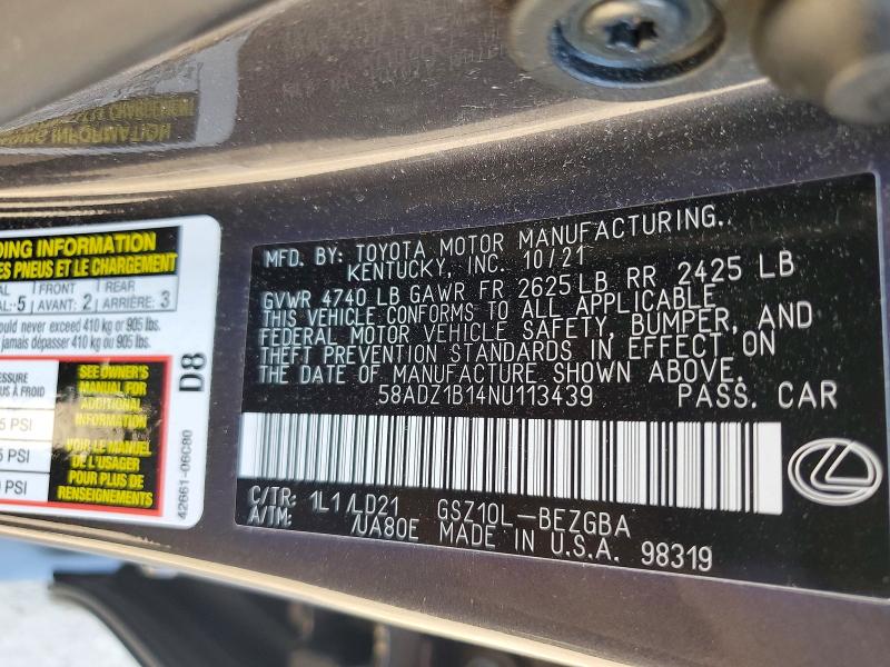 53233856 :رقم المزاد ، 58ADZ1B14NU113439 vin ، 2022 Lexus Es 350 مزاد بيع