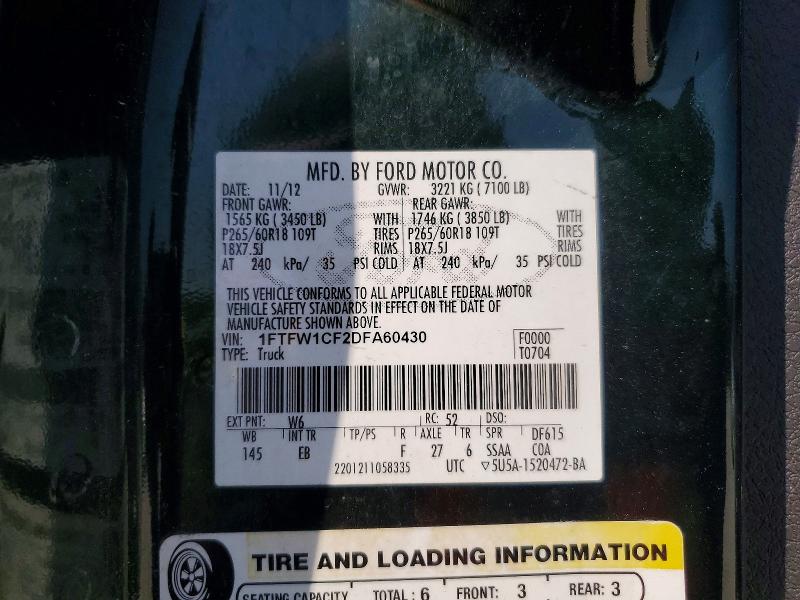 2013 Ford F150 მანქანა იყიდება აუქციონზე, vin: 1FTFW1CF2DFA60430, აუქციონის ნომერი: 53756476
