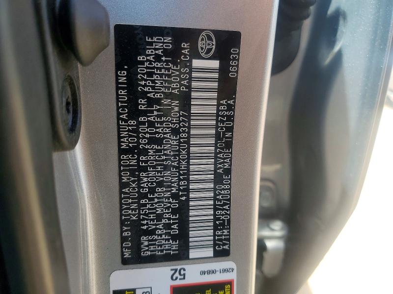 52434416 :رقم المزاد ، 4T1B11HK0KU183277 vin ، 2019 Toyota Camry مزاد بيع