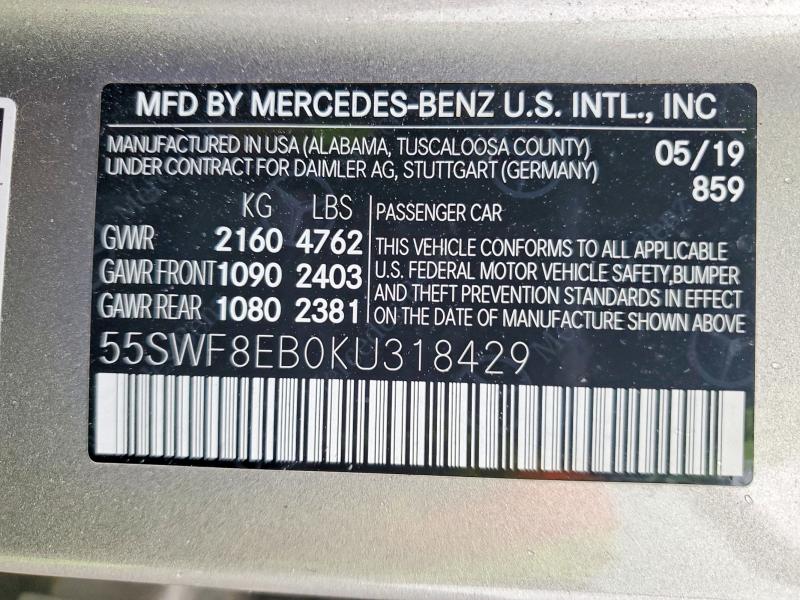 Продажа на аукционе авто 2019 Mercedes-benz C, vin: 55SWF8EB0KU318429, номер лота: 52485276
