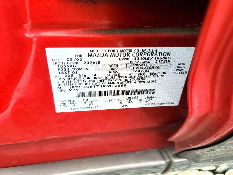 2004 Mazda Tribute მანქანა იყიდება აუქციონზე, vin: 4F2CZ06174KM12588, აუქციონის ნომერი: 54797606