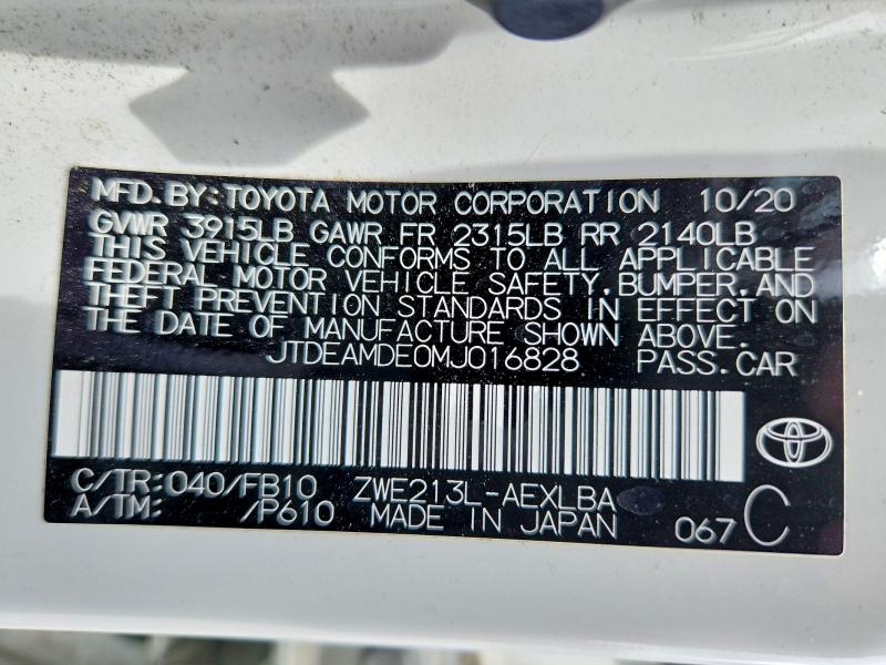 54486636 :رقم المزاد ، JTDEAMDE0MJ016828 vin ، 2021 Toyota Corolla مزاد بيع