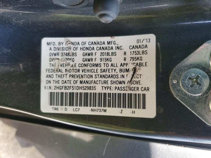 Продажа на аукционе авто 2013 Honda Civic, vin: 2HGFB2F51DH529835, номер лота: 54814646