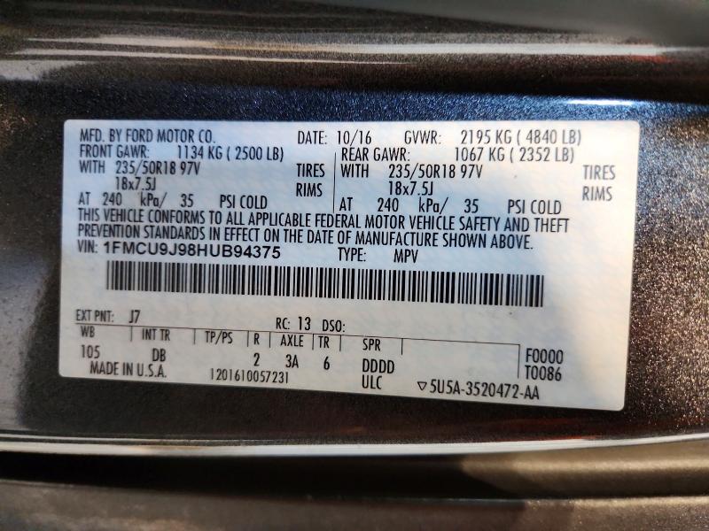 2017 Ford Escape მანქანა იყიდება აუქციონზე, vin: 1FMCU9J98HUB94375, აუქციონის ნომერი: 54833736