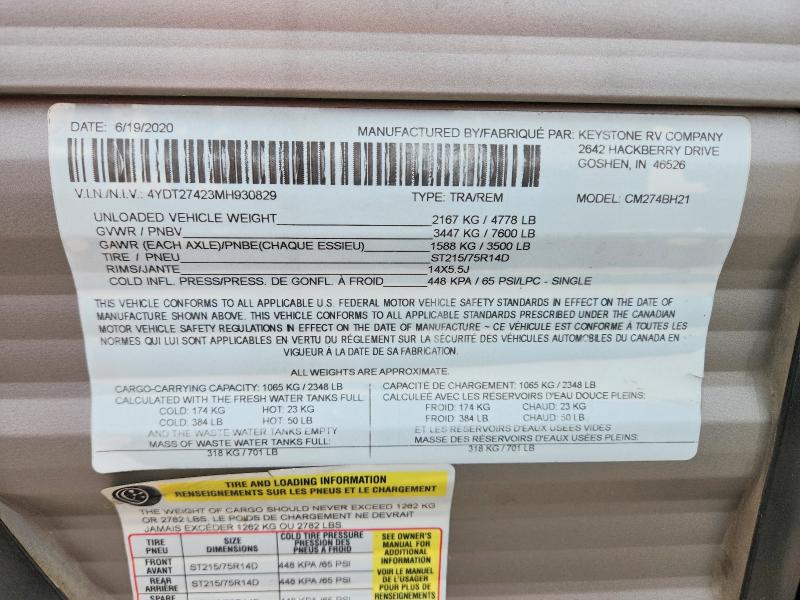 Продаж на аукціоні авто 2021 Keystone Rv Coleman, vin: 4YDT27423MH930829, номер лоту: 54655996