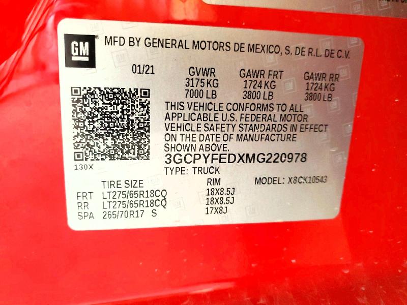 Продаж на аукціоні авто 2021 Chevrolet Silverado, vin: 3GCPYFEDXMG220978, номер лоту: 55461906