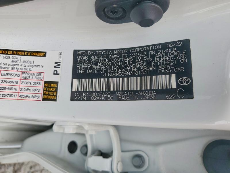 54887306 :رقم المزاد ، JTND4MBE5N3181331 vin ، 2022 Toyota Corolla Hatchback مزاد بيع
