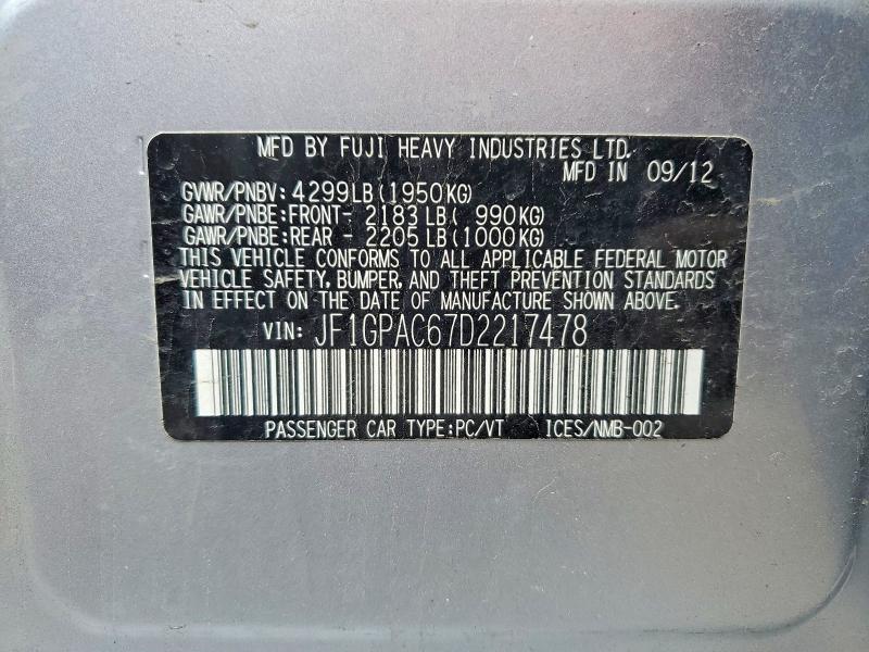 Продаж на аукціоні авто 2013 Subaru Impreza, vin: JF1GPAC67D2217478, номер лоту: 53441616