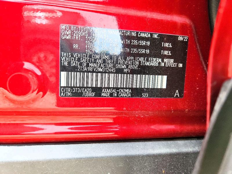 2022 Toyota Rav4 მანქანა იყიდება აუქციონზე, vin: 2T3A1RFV2NW312445, აუქციონის ნომერი: 52453516