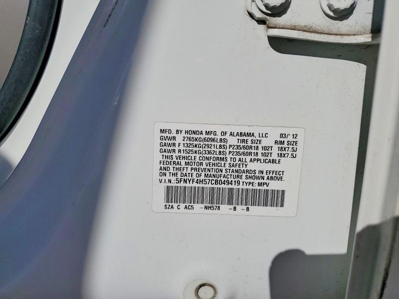 52438146 :رقم المزاد ، 5FNYF4H57CB049419 vin ، 2012 Honda Pilot مزاد بيع