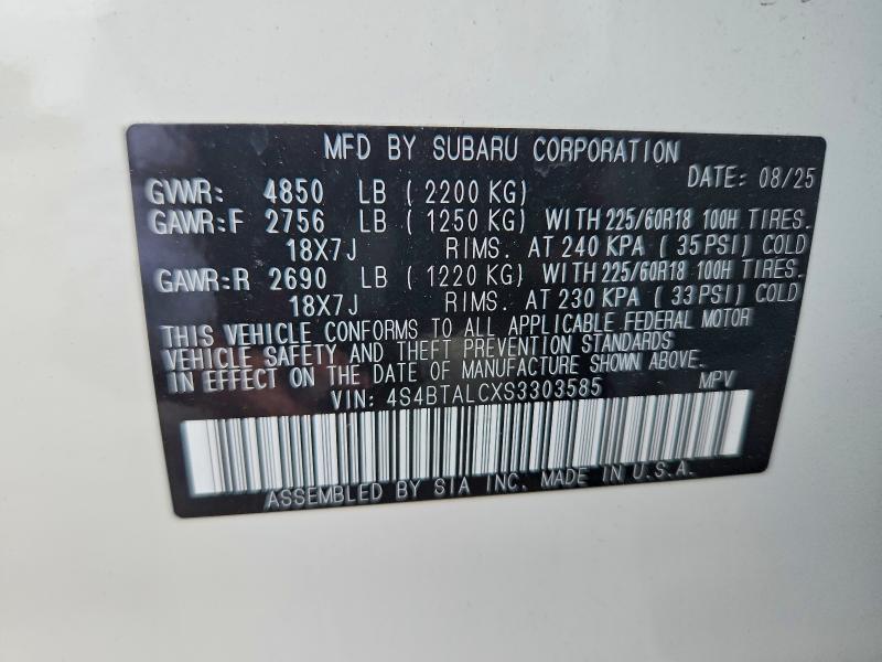 Aukcja sprzedaży 2025 Subaru Outback, vin: 4S4BTALCXS3303585, numer aukcji: 54864406