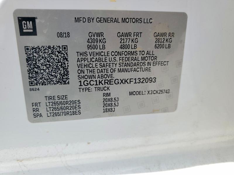 52923186 :رقم المزاد ، 1GC1KREGXKF132093 vin ، 2019 Chevrolet Silverado مزاد بيع