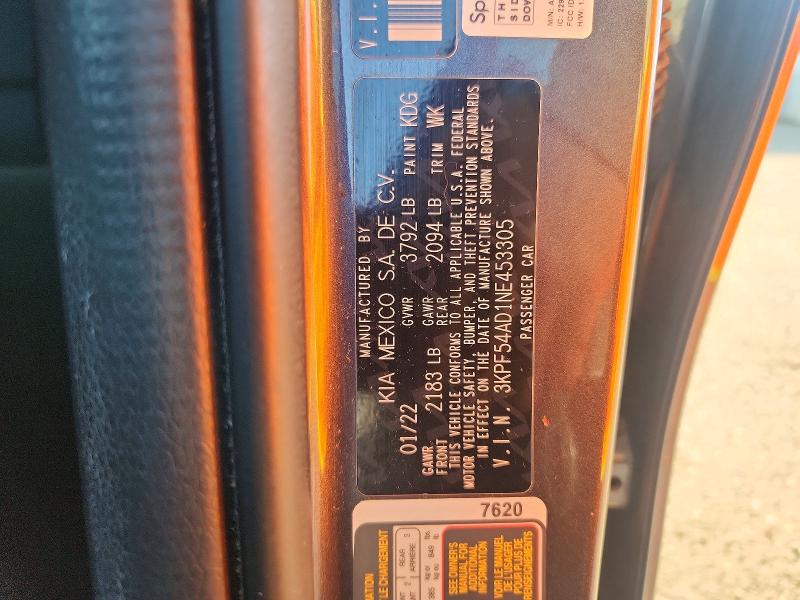 2022 Kia Forte მანქანა იყიდება აუქციონზე, vin: 3KPF54AD1NE453305, აუქციონის ნომერი: 51520436