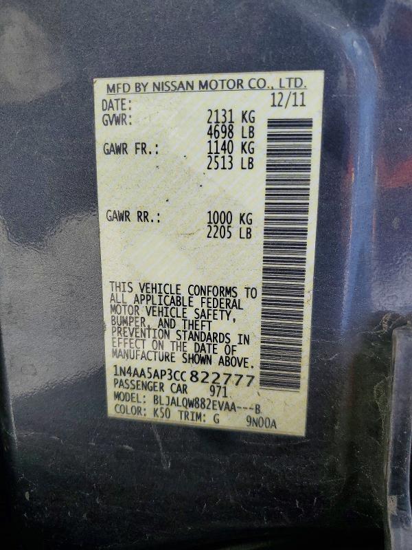 55100776 :رقم المزاد ، 1N4AA5AP3CC822777 vin ، 2012 Nissan Maxima مزاد بيع