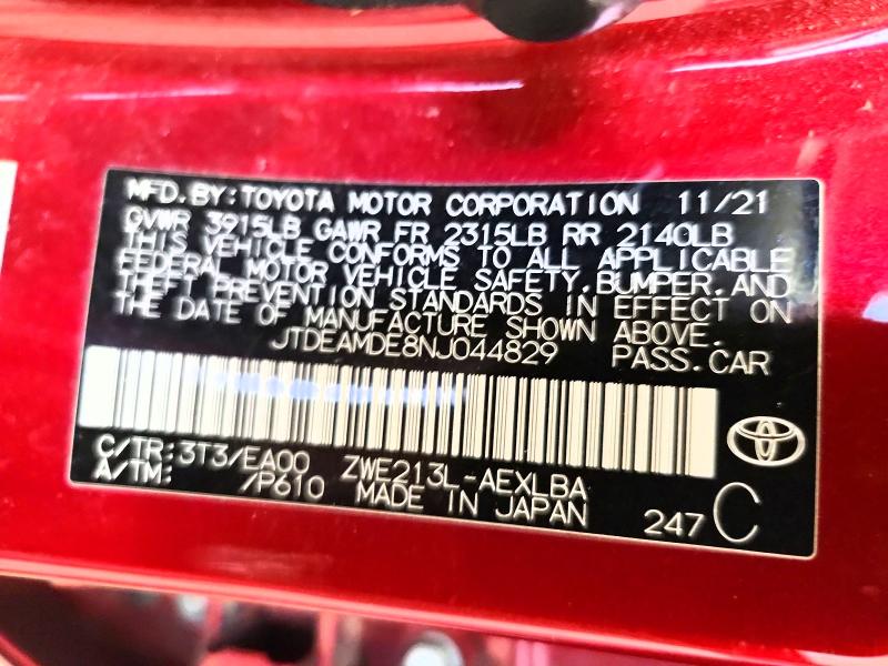 2022 Toyota Corolla მანქანა იყიდება აუქციონზე, vin: JTDEAMDE8NJ044829, აუქციონის ნომერი: 53890396