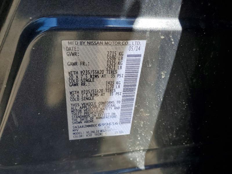 53131796 :رقم المزاد ، 5N1AR2MM8EC699656 vin ، 2014 Nissan Pathfinder مزاد بيع