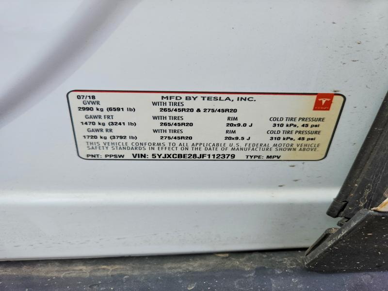 2018 Tesla Model X მანქანა იყიდება აუქციონზე, vin: 5YJXCBE28JF112379, აუქციონის ნომერი: 53929276
