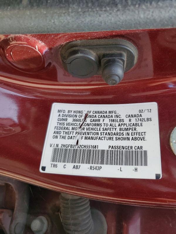 Auction sale of the 2012 Honda Civic, vin: 2HGFB2F52CH551681, lot number: 54888056