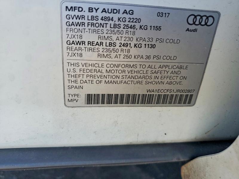 2018 Audi Q3 მანქანა იყიდება აუქციონზე, vin: WA1ECCFS1JR002807, აუქციონის ნომერი: 52440416