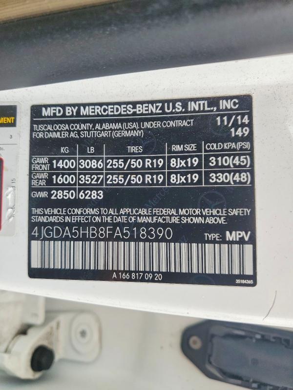 Aukcja sprzedaży 2015 Mercedes-benz Ml, vin: 4JGDA5HB8FA518390, numer aukcji: 52652246