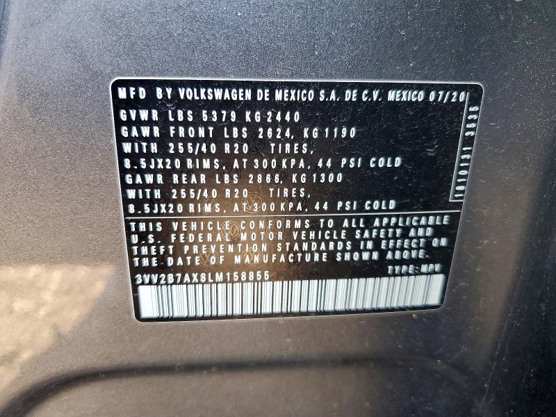 2020 Volkswagen Tiguan მანქანა იყიდება აუქციონზე, vin: 3VV2B7AX8LM158855, აუქციონის ნომერი: 54058026