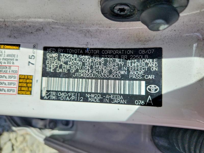 2008 Toyota Prius მანქანა იყიდება აუქციონზე, vin: JTDKB20U783304003, აუქციონის ნომერი: 54853256