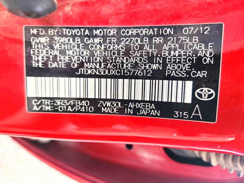 Aukcja sprzedaży 2012 Toyota Prius, vin: JTDKN3DUXC1577612, numer aukcji: 52030326