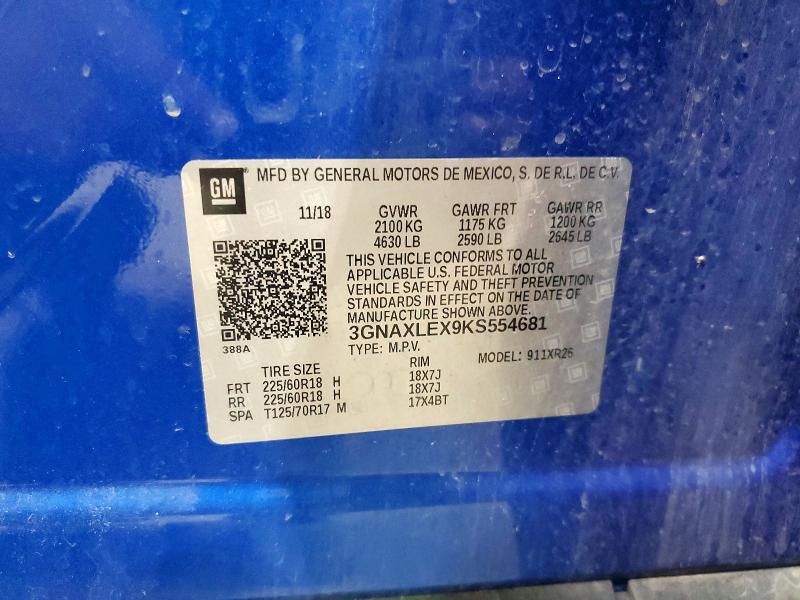 Продаж на аукціоні авто 2019 Chevrolet Equinox, vin: 3GNAXLEX9KS554681, номер лоту: 52936636