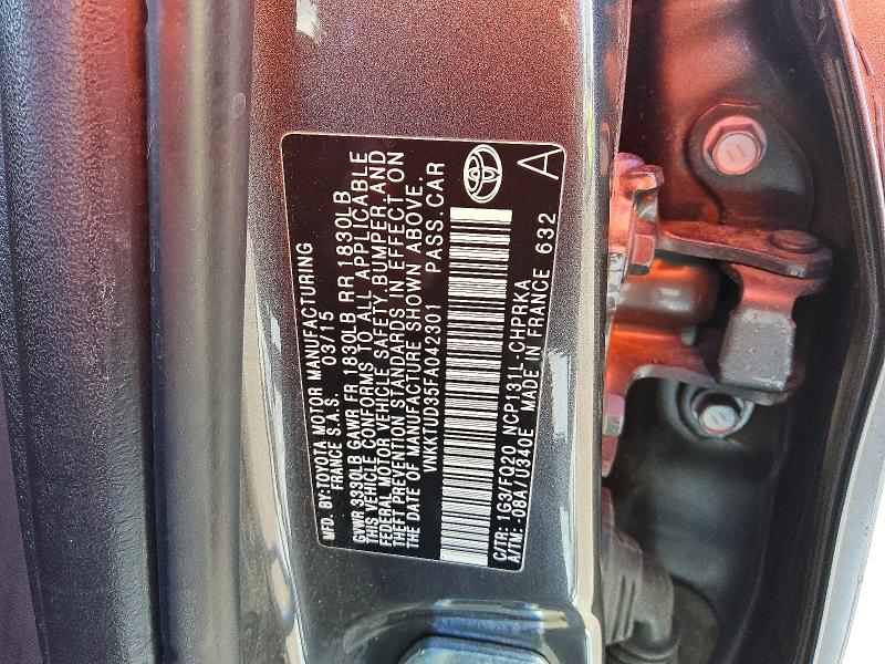 52245316 :رقم المزاد ، VNKKTUD35FA042301 vin ، 2015 Toyota Yaris مزاد بيع