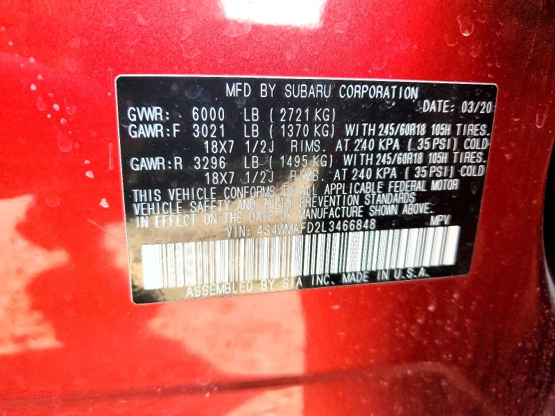 Aukcja sprzedaży 2020 Subaru Ascent, vin: 4S4WMAFD2L3466848, numer aukcji: 46853696
