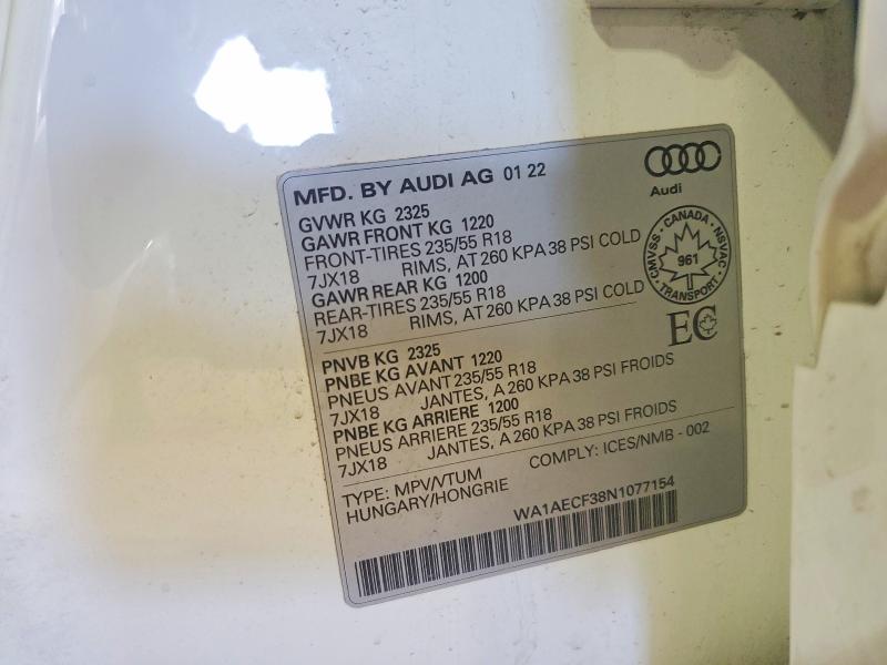 Aukcja sprzedaży 2022 Audi Q3, vin: WA1AECF38N1077154, numer aukcji: 51511496