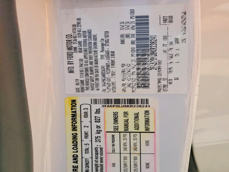 Auction sale of the 2019 Ford Fusion, vin: 3FA6P0LU8KR238241, lot number: 54257486
