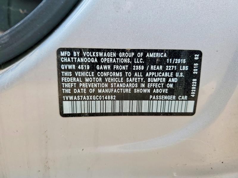 53816966 :رقم المزاد ، 1VWAS7A3XGC014882 vin ، 2016 Volkswagen Passat مزاد بيع