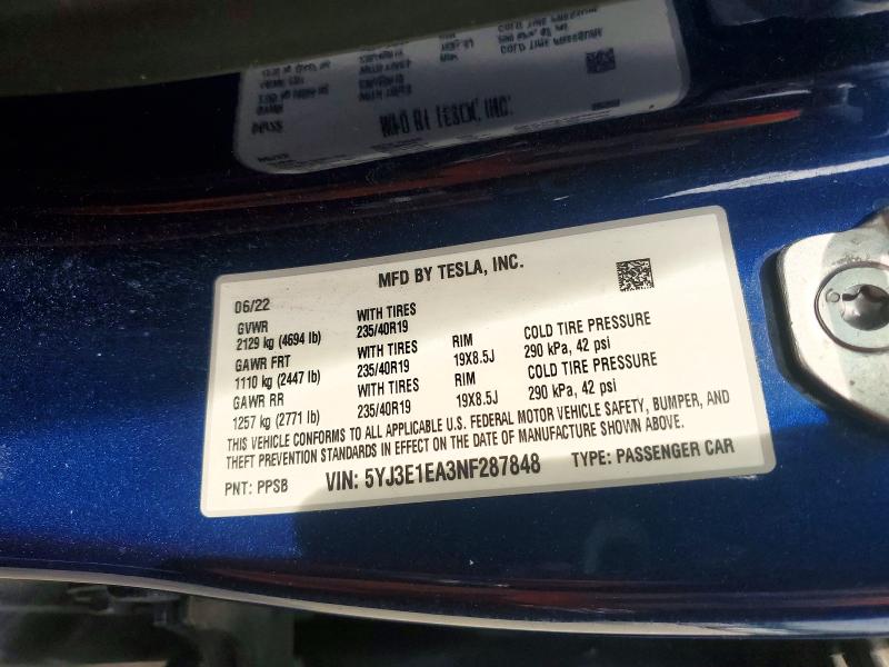 Aukcja sprzedaży 2022 Tesla Model 3, vin: 5YJ3E1EA3NF287848, numer aukcji: 53344576