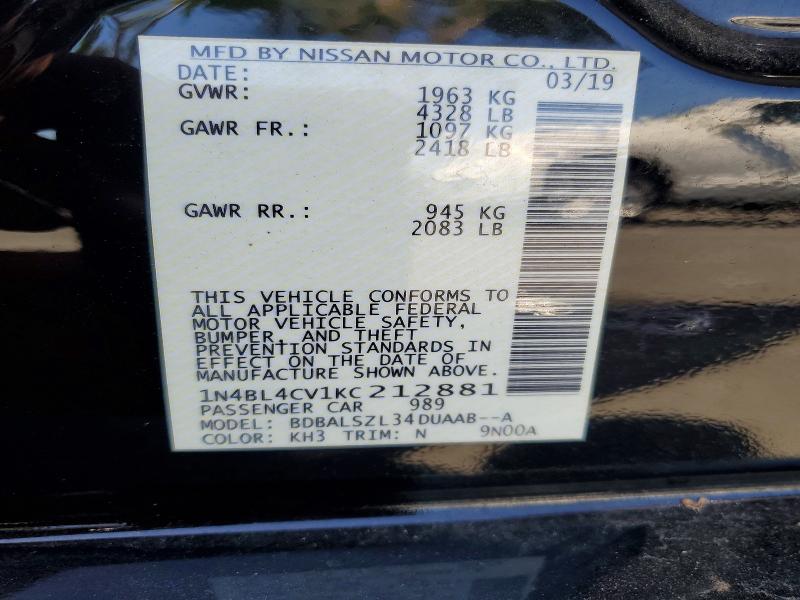 53811956 :رقم المزاد ، 1N4BL4CV1KC212881 vin ، 2019 Nissan Altima مزاد بيع
