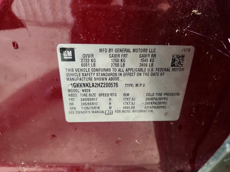 53327006 :رقم المزاد ، 1GKKNKLA2HZ200576 vin ، 2017 Gmc Acadia مزاد بيع