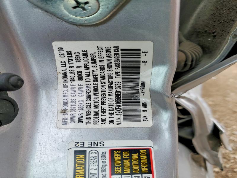 2009 Honda Civic მანქანა იყიდება აუქციონზე, vin: 19XFA16569E013789, აუქციონის ნომერი: 52135706