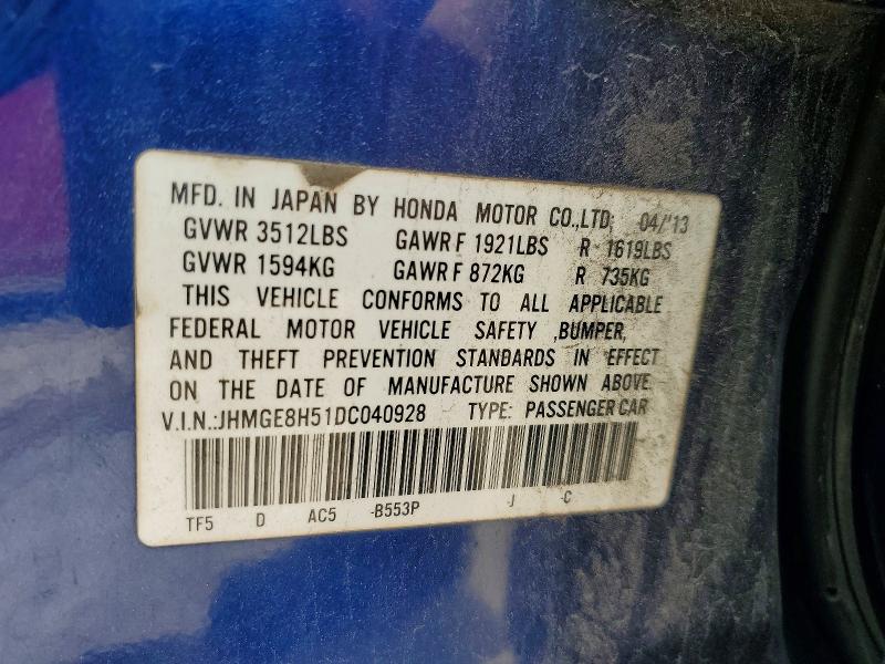 53618286 :رقم المزاد ، JHMGE8H51DC040928 vin ، 2013 Honda Fit مزاد بيع