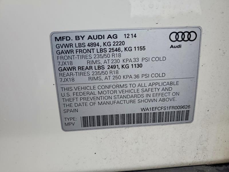 2015 Audi Q3 მანქანა იყიდება აუქციონზე, vin: WA1EFCFS1FR009626, აუქციონის ნომერი: 52270886