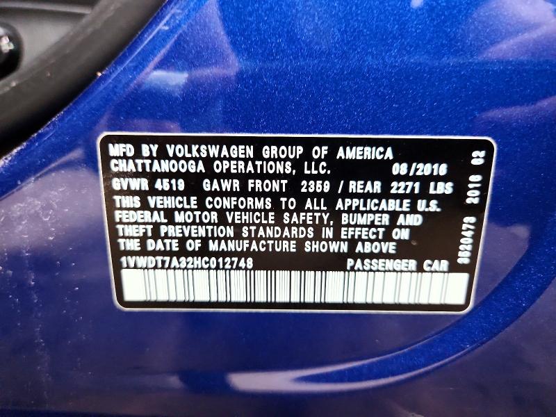 Aukcja sprzedaży 2017 Volkswagen Passat, vin: 1VWDT7A32HC012748, numer aukcji: 51966966