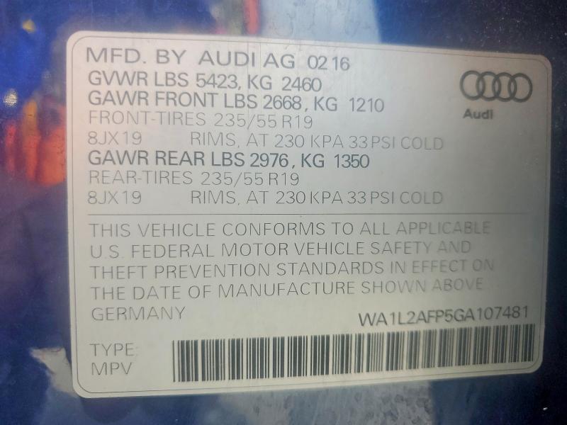 Продажа на аукционе авто 2016 Audi Q5, vin: WA1L2AFP5GA107481, номер лота: 55142656