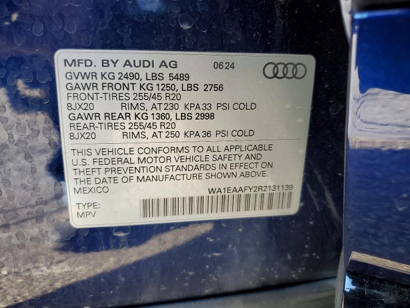 2024 Audi Q5 მანქანა იყიდება აუქციონზე, vin: WA1EAAFY2R2131139, აუქციონის ნომერი: 52273226