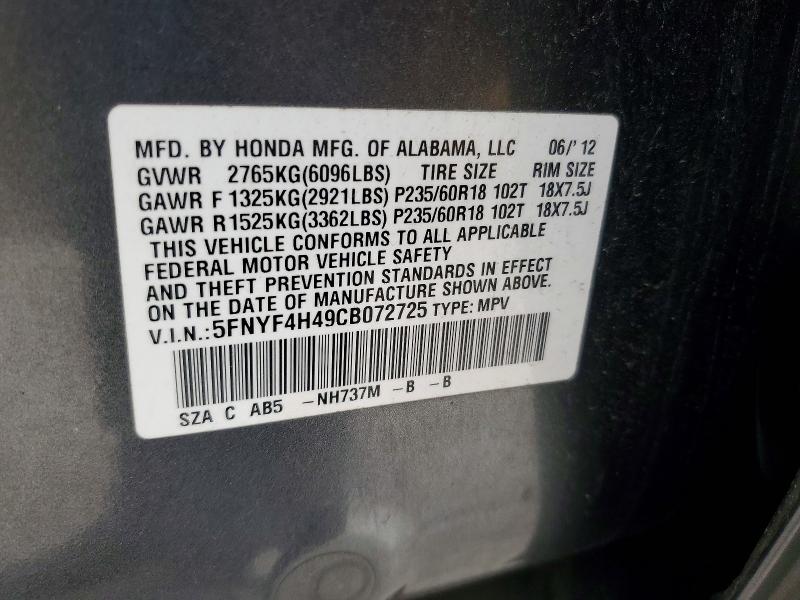 2012 Honda Pilot მანქანა იყიდება აუქციონზე, vin: 5FNYF4H49CB072725, აუქციონის ნომერი: 54630236