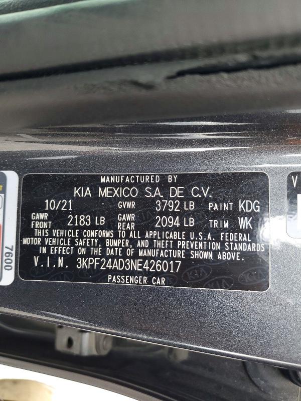 Продажа на аукционе авто 2022 Kia Forte, vin: 3KPF24AD3NE426017, номер лота: 52589086