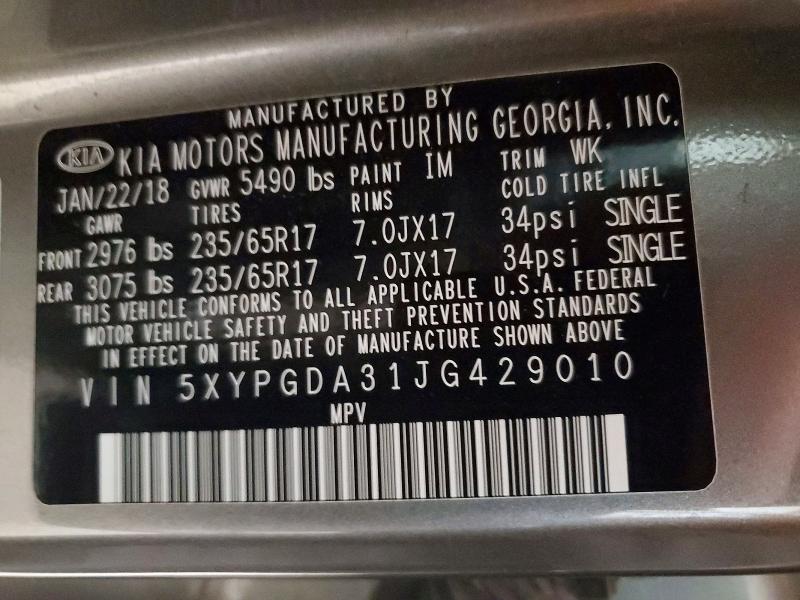 52707096 :رقم المزاد ، 5XYPGDA31JG429010 vin ، 2018 Kia Sorento مزاد بيع