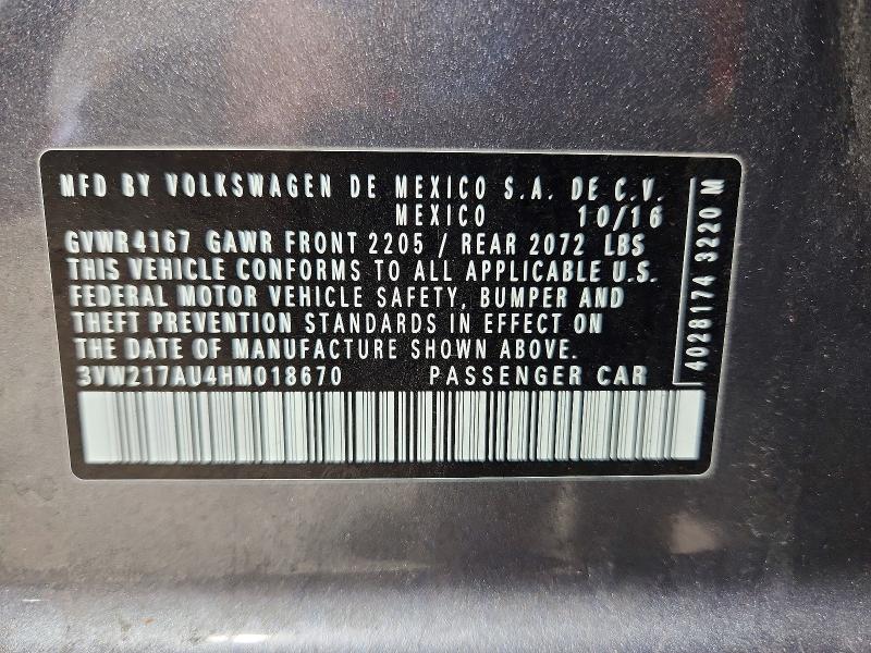52412926 :رقم المزاد ، 3VW217AU4HM018670 vin ، 2017 Volkswagen Golf مزاد بيع